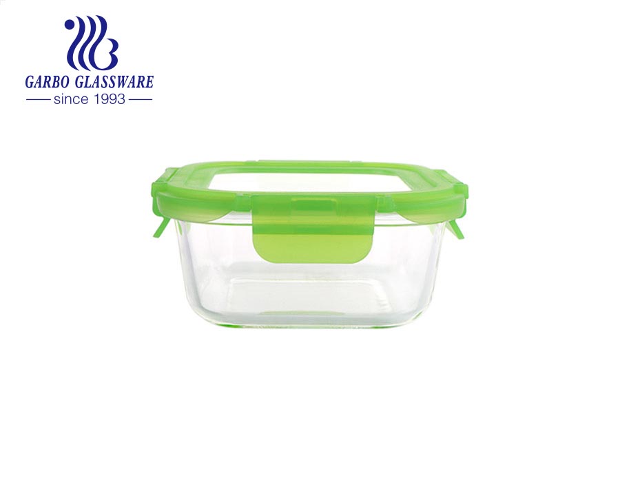 Beliebte mikrowellengeeignete Glas-Lunchbox 630 ml Rechteckiger Glas-Lebensmittelbehälter mit roten Deckeln für Lebensmittel