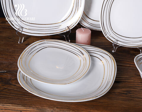 Ensemble de dîner en verre opale blanc d'usine de la chine avec la conception de décalque de jante d'or