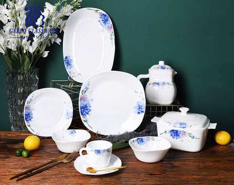 Quadratisches Set aus 36-teiligem Tafelservice aus weißem Opalglas mit blauem Blumendesign