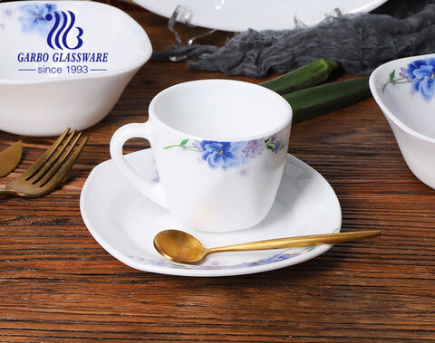 Quadratisches Set aus 36-teiligem Tafelservice aus weißem Opalglas mit blauem Blumendesign