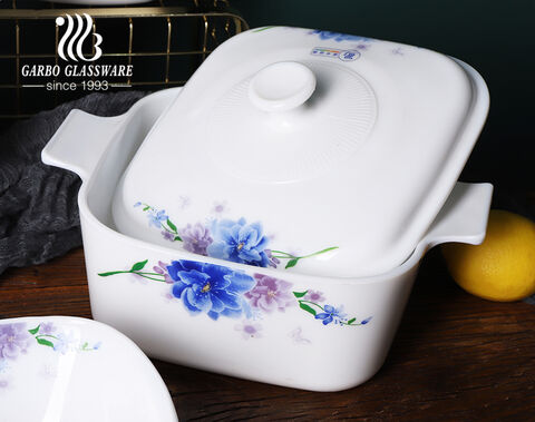 Quadratisches Set aus 36-teiligem Tafelservice aus weißem Opalglas mit blauem Blumendesign