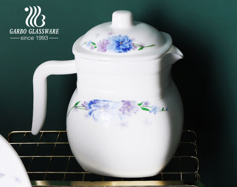 Quadratisches Set aus 36-teiligem Tafelservice aus weißem Opalglas mit blauem Blumendesign