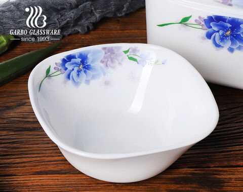 Quadratisches Set aus 36-teiligem Tafelservice aus weißem Opalglas mit blauem Blumendesign