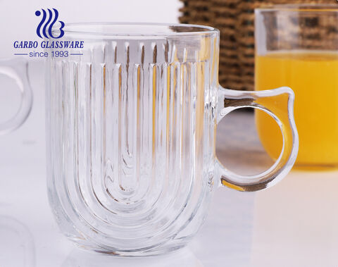مخزون كوب زجاجي شفاف بمقبض 250 مل أكواب زجاجية بتصميمات فريدة جديدة لعصير القهوة والشاي