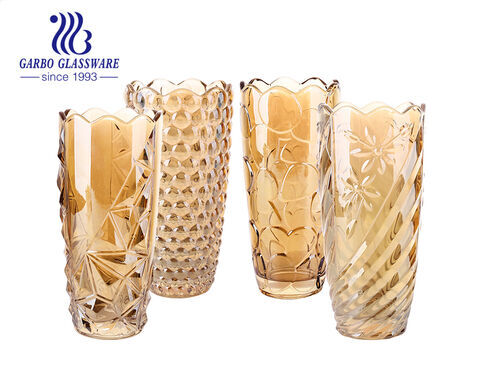  Amber yellow color shining floor top glass vase engrave pattern glass holder 10inches height wedding decoration glasses 