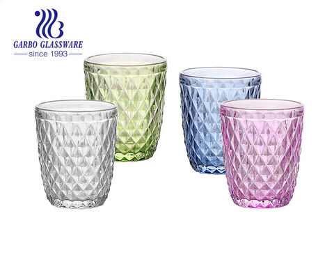 Vaso de vidrio de diseño de grabado de rombo pequeño, vasos de vidrio coloridos decorativos de sobremesa