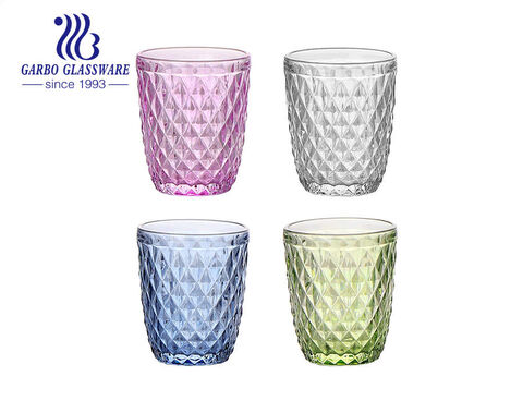 Vaso de vidrio de diseño de grabado de rombo pequeño, vasos de vidrio coloridos decorativos de sobremesa