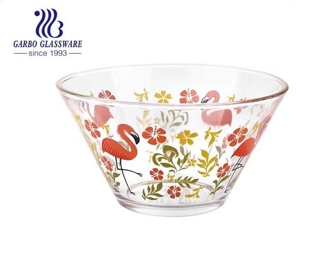 Machine-made wholesale cheap glass salad fruit bowl with flamingo customized decal