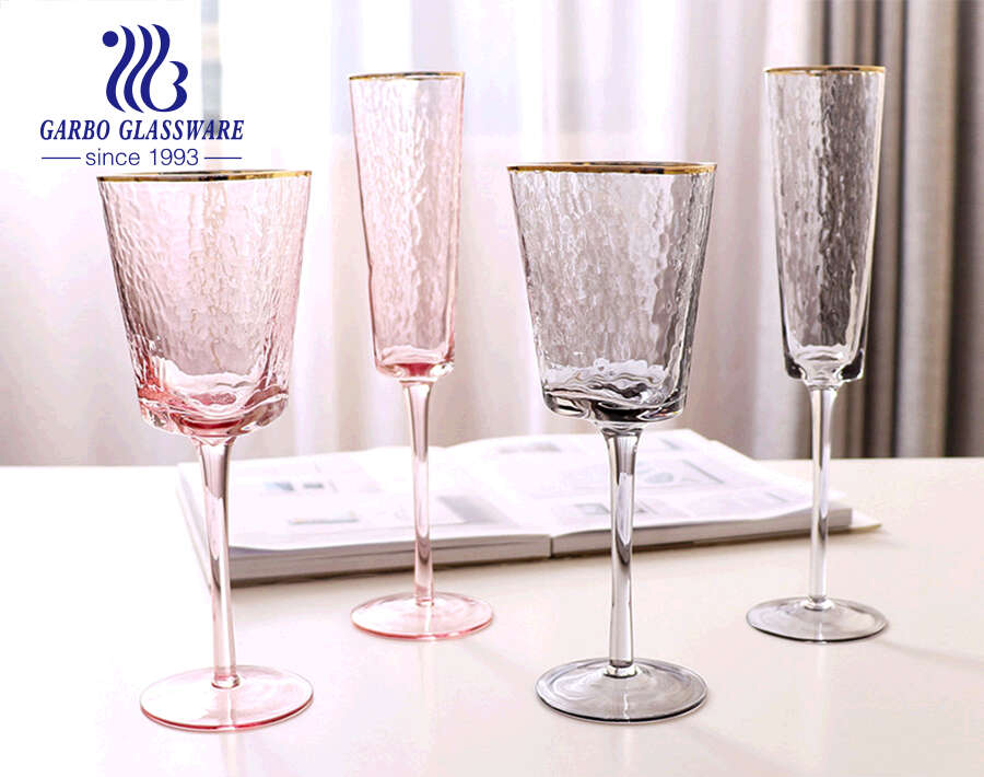 180ml Hammer Design Handmade Champagne Glass Goblet with Real Gold Rim and Thin Wall