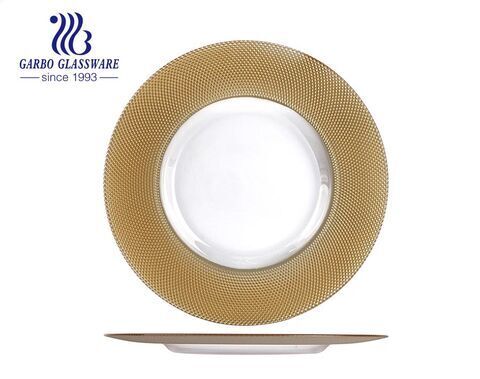 13 Inches Charger Plates with Plaid Golden Rim Use for Luxury Restaurant Dinner Parties and Special Events