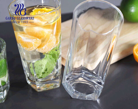 Vaso de vidrio highball pentagonal multiusos para servicio de bebidas frías y calientes de jugo de whisky