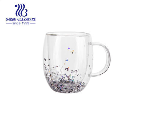 320ml double wall glass coffee mugs handmade glass tea cups with heart shape paillette