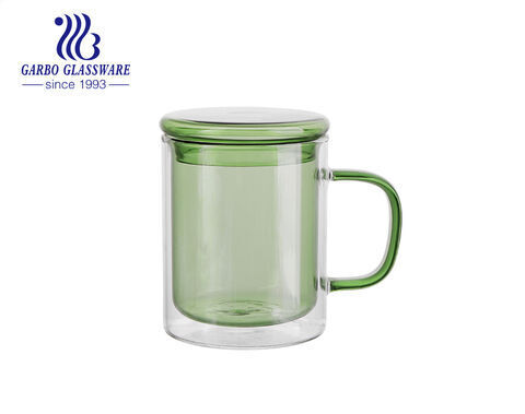 Double wall glass cups with handles 370ml green colored glass coffee mugs with lid