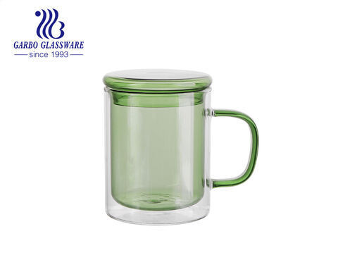 Tazas de vidrio de doble pared con asas Tazas de café de vidrio de color verde 370ml con tapa