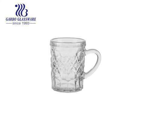 85ml small glass cups with handle IS machine made cheap price glass mug with design