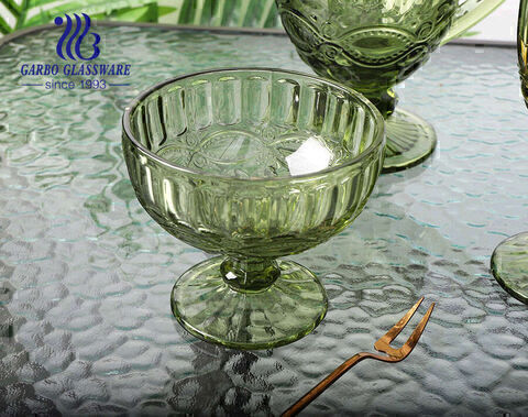 Green Solid Glass ice cream cup vintage footed glass dessert bowl  diamond design juice wine glass cup 