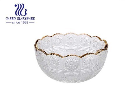 High-white embossed machine-made glass peanut dessert bowl with engraved sunflower pattern golden rim