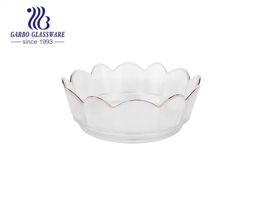 High-white embossed machine-made glass peanut dessert bowl with engraved sunflower pattern golden rim