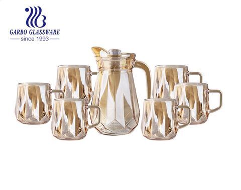 Wholesale 7 pcs diamond golden ion-plating glass water drinking pitcher jug set glass mug for coffee milk