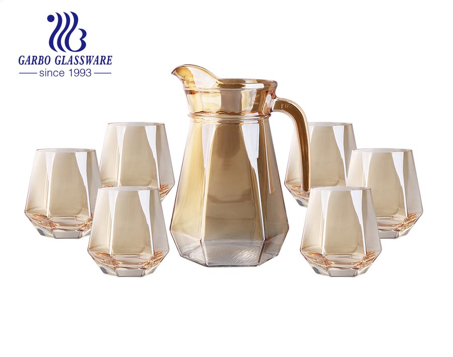 الجملة 7 قطع الماس الذهبي تصفيح الزجاج المياه إبريق إبريق مجموعة القدح الزجاج لحليب القهوة