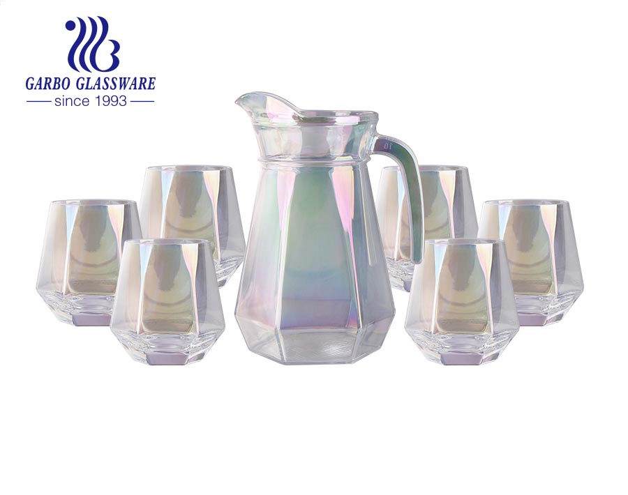 Wholesale 7 pcs diamond golden ion-plating glass water drinking pitcher jug set glass mug for coffee milk