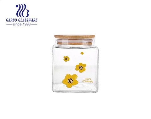 Handgefertigte hochwertige quadratische Borosilikatglasdose mit Bambusdeckel und Blume