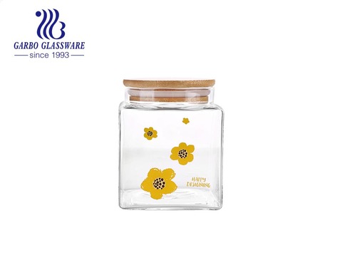 Barattolo quadrato in vetro borosilicato di alta qualità fatto a mano con coperchio e fiore in bambù