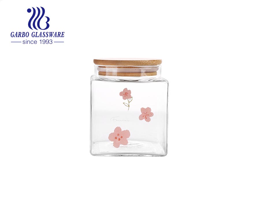 Pot en verre borosilicaté carré de haute qualité fait à la main avec couvercle en bambou et fleur