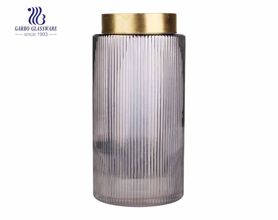 recyclé en gros cylindre vert vase en verre décor rayure en relief mode verre support de rangement flore vase