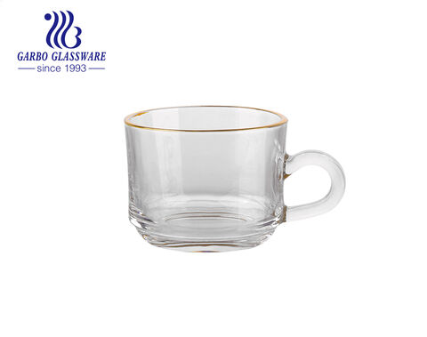 Taza de café de cristal con borde dorado con revestimiento de iones tazas de té de cristal de color gris ámbar con asa