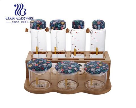 8個のボロシリケートガラス瓶ガラス収納ジャーキッチンセット木製トレイオリーブオイルガラス収納ジャー注ぎ口付き