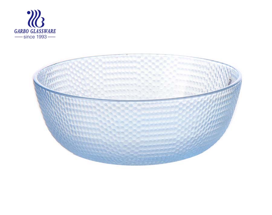 Afrique offre spéciale design classique en verre de couleur bleue mélangeant un bol de pomme à salade avec motif gravé