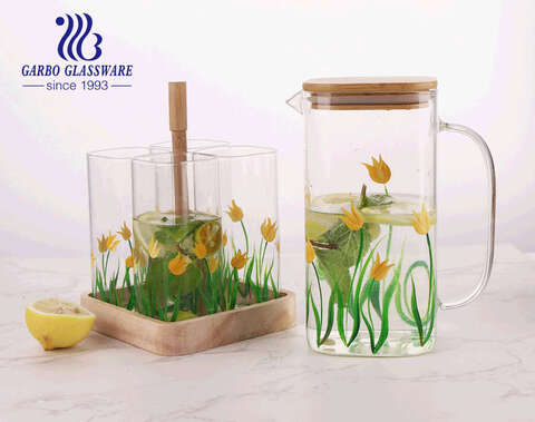 Flower Grass Decal Design 6pcs Heat resistant 1470ml High Borosilicate Glass Jug set with decorative Glass Cup