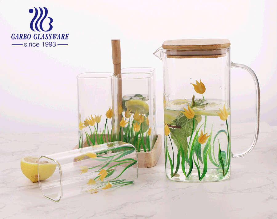 Flower Grass Decal Design 6pcs Heat resistant 1470ml High Borosilicate Glass Jug set with decorative Glass Cup