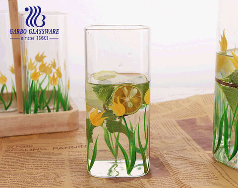 Design de decalque de flor de grama 6pcs resistente ao calor 1470ml de alto teor de borosilicato com copo de vidro decorativo