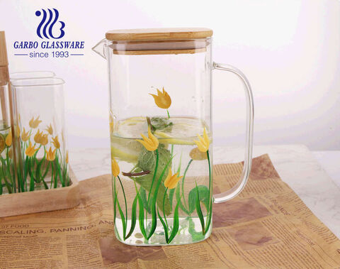 Flower Grass Decal Design 6pcs Heat resistant 1470ml High Borosilicate Glass Jug set with decorative Glass Cup