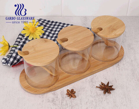 Set of 3pcs borosilicate glass canister with bamboo lid spoon and holder