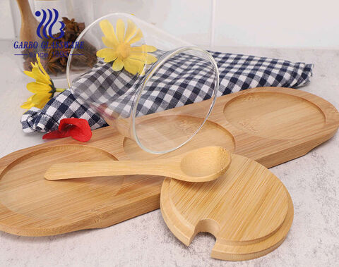 Set of 3pcs borosilicate glass canister with bamboo lid spoon and holder