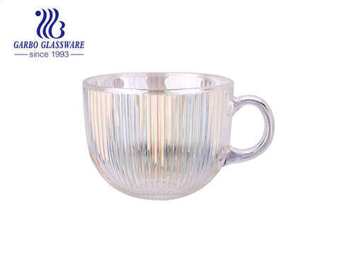 Rainbow color big size glass cup with handle 510ml stripe pattern designs tea glass cups 