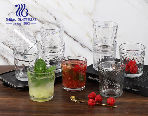 Global supermarket hot sale medium size highball glass tumbler with multiple embossings