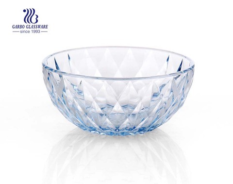 Bol de fruits à salade en verre bleu de couleur unie fabriqué à la machine de 395 ML avec un motif en diamant gravé