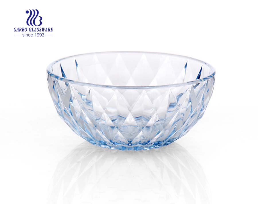 395ML Hochweiße, maschinell hergestellte einfarbige blaue Glasmischsalat-Fruchtschale mit graviertem Diamantdesign