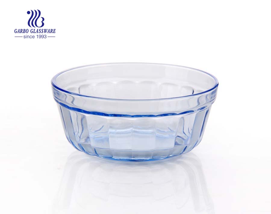 395ML branco alto feito à máquina de vidro sólido de cor azul que mistura tigela de frutas para salada com design de diamante gravado