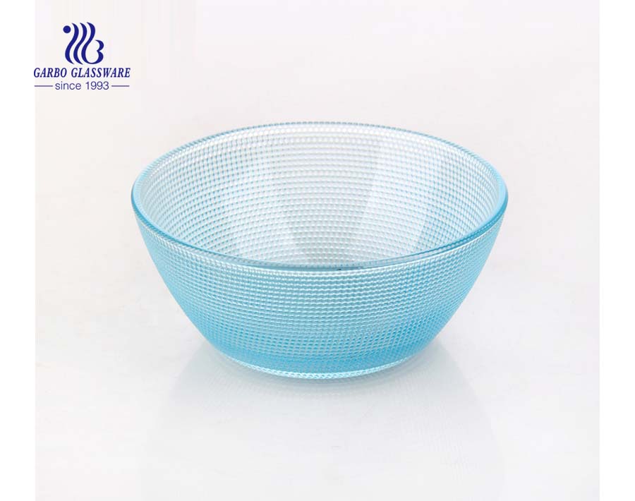 395ML High-white machine-made solid colored blue glass mixing salad fruit bowl with engraved diamond design