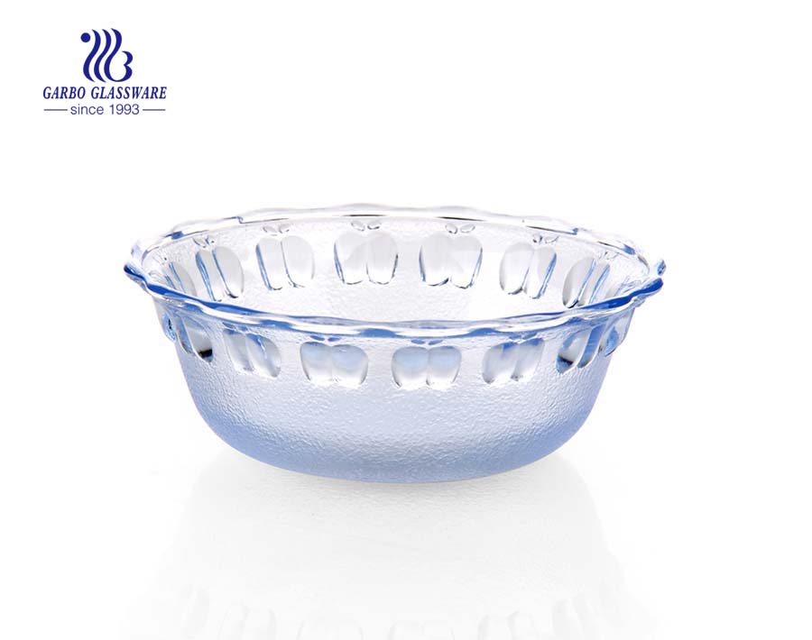395ML High-white machine-made solid colored blue glass mixing salad fruit bowl with engraved diamond design