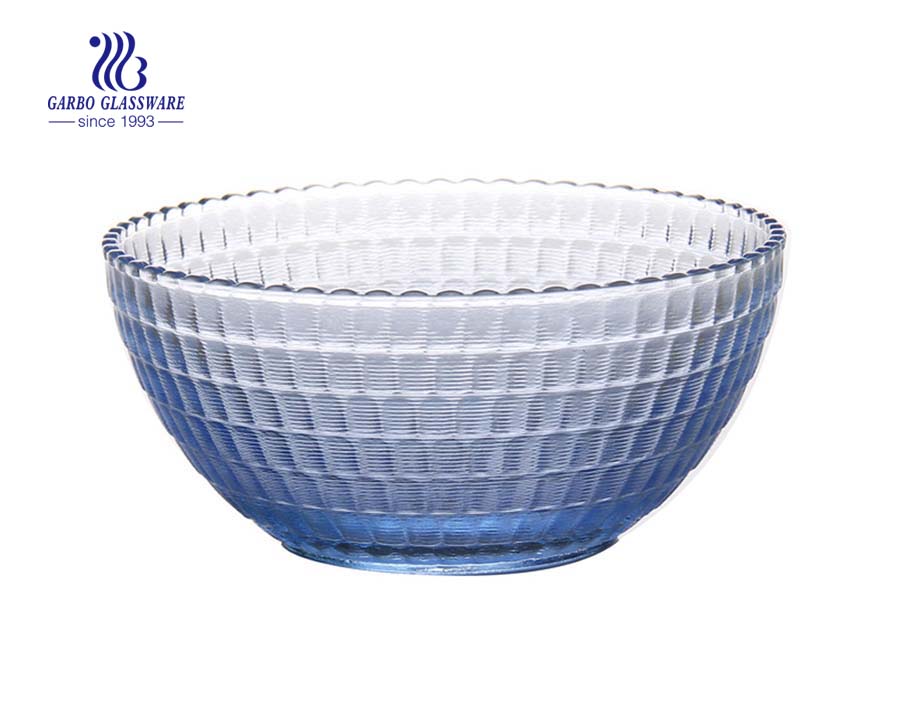 395ML Hochweiße, maschinell hergestellte einfarbige blaue Glasmischsalat-Fruchtschale mit graviertem Diamantdesign