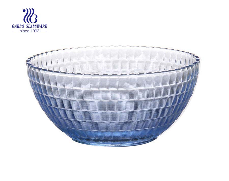 Bol de fruits à salade en verre bleu de couleur unie fabriqué à la machine de 395 ML avec un motif en diamant gravé