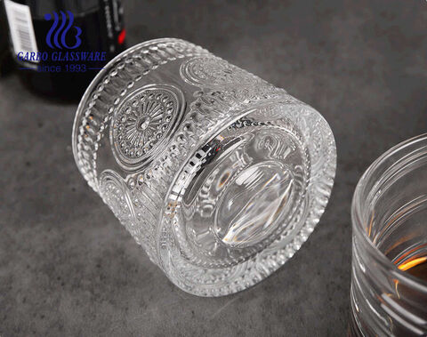 Europe style 10oz vintage engraved rotating whisky glass cup with 3 designs