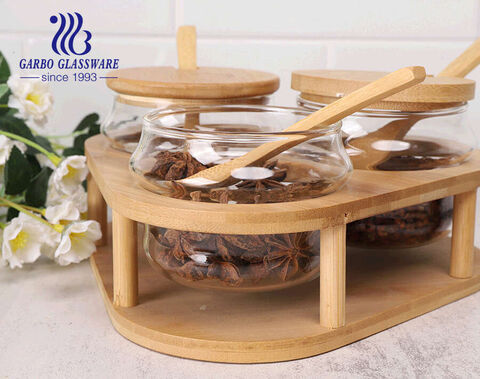 250ml Borosilikatglasdosen Set mit Bambusdeckellöffel und Ständer für die Heimküche
