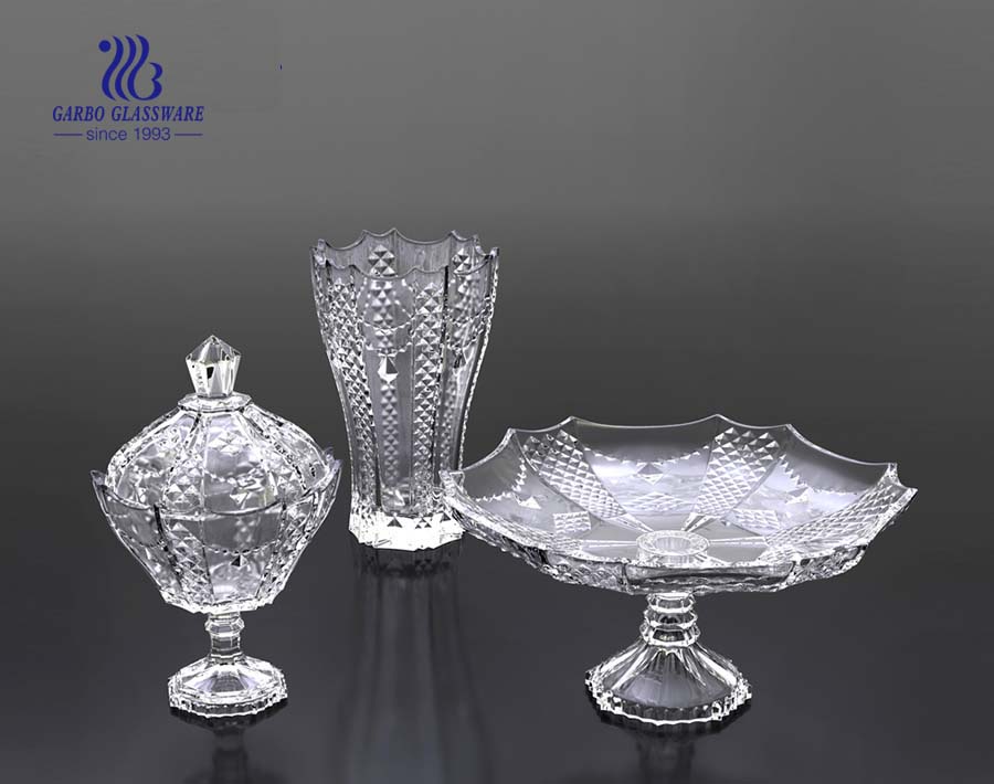 Classical 3pcs embossed high-white glass flower vase fruit plate candy bowl home decor gift pack